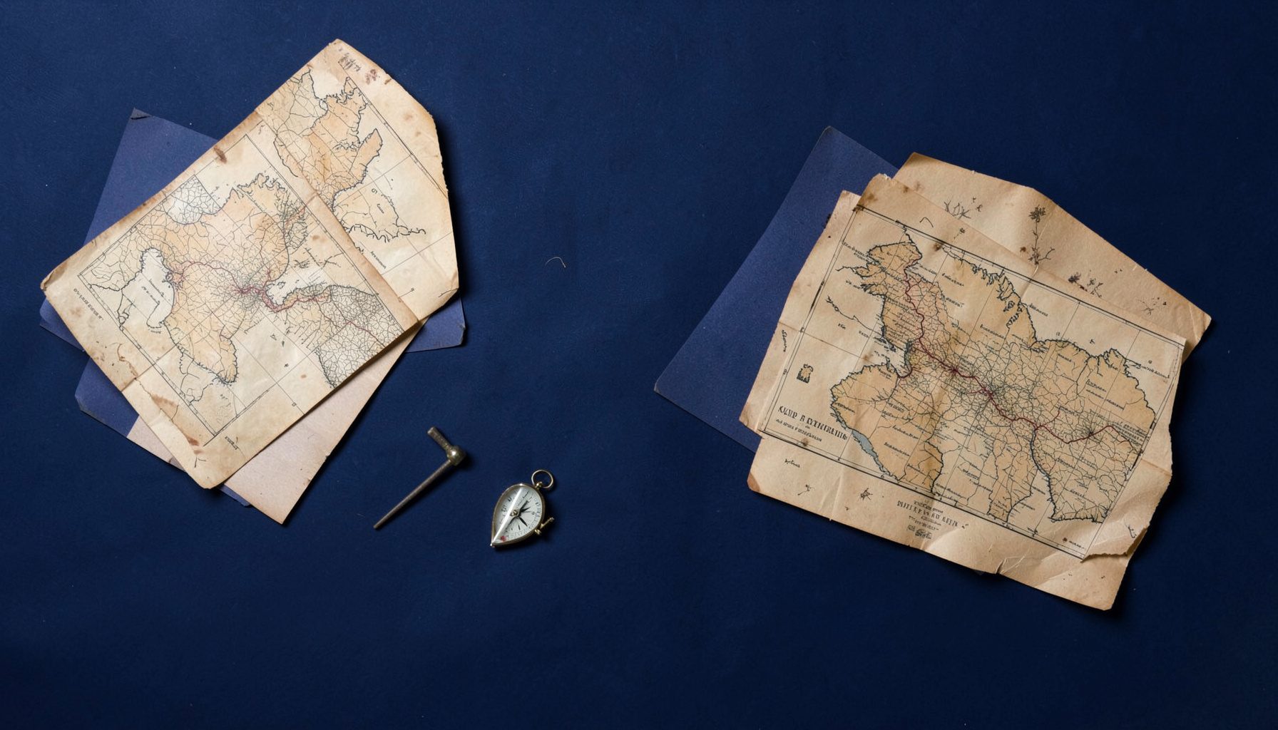 Overhead flat-lay photograph of warm-toned historical papers, sepia maps, and a compass arranged on a deep navy surface, evoking a calm, archival mood.