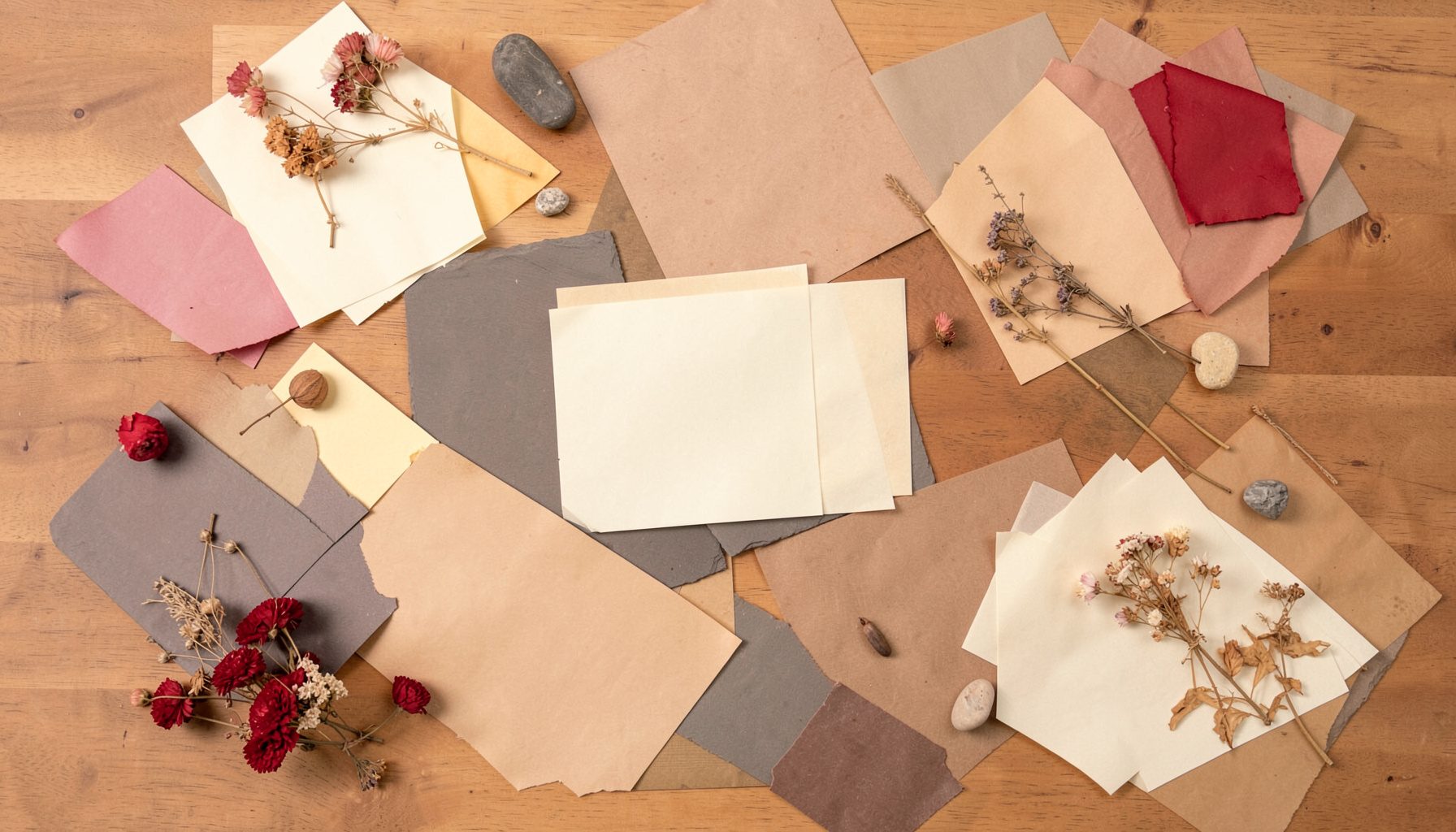 Overhead flat-lay photograph of a long wooden table scattered with sheets of paper, dried flowers, and small stones, in warm ochre, slate, and soft cream.