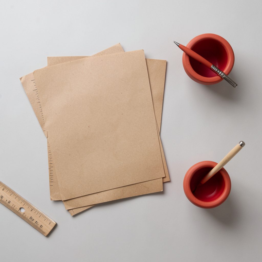 Overhead flat-lay photograph of a quiet desk arrangement with stacked manila folders, a wooden ruler, and a clay pen holder on a pale ash background, in soft neutral and warm brown tones.