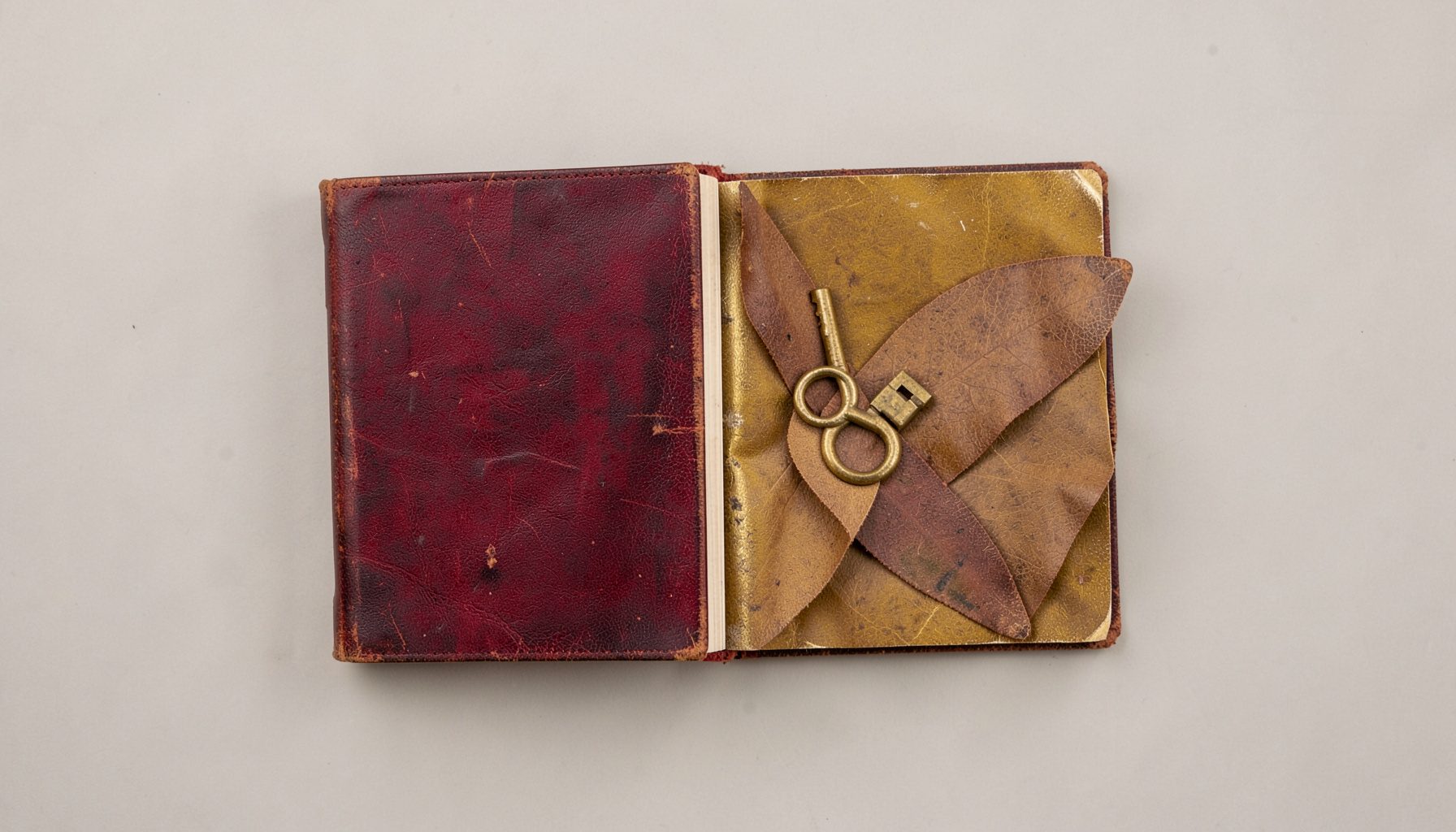 Overhead flat-lay photograph of a worn leather-bound journal opened beside a brass key and pressed leaves, in deep umber, mustard, and antique gold.